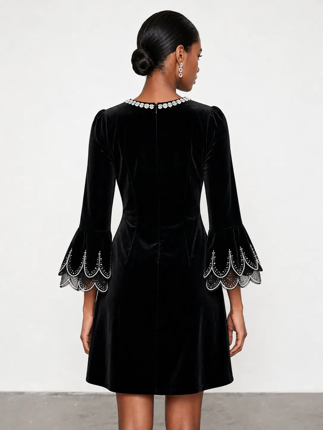 Black Rhinestone Velvet Crew Neck Three Quarter Sleeve Bell Sleeve A-Line Mini Dress