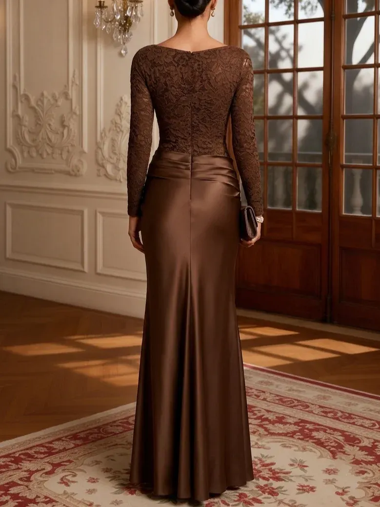 Brown Ruched Satin Boat Neck Long Sleeve Mermaid Floor Length Dress - Brown