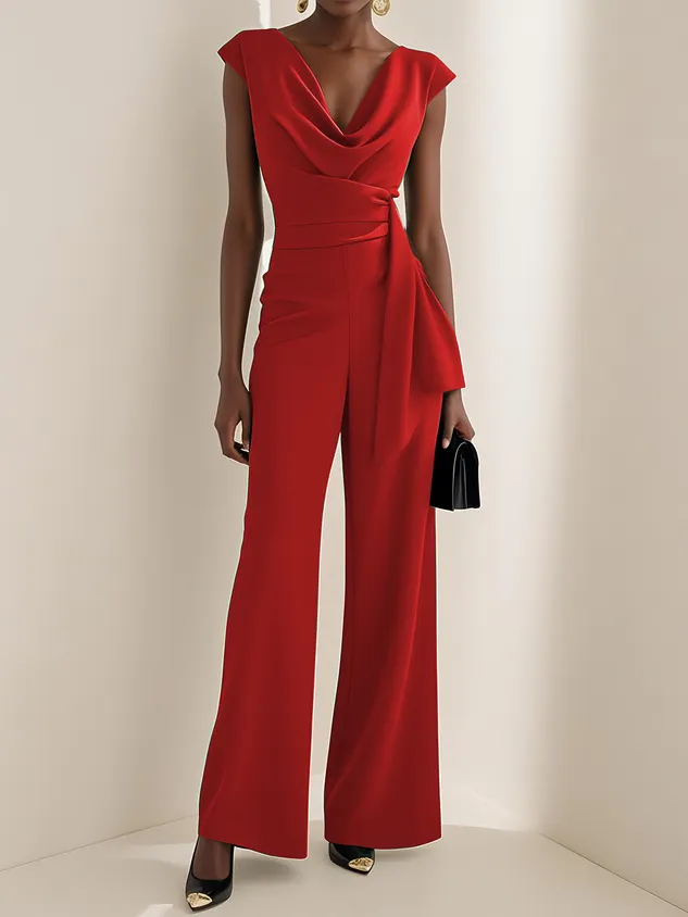 Women Green Ruched Cowl Neck Cap Sleeve Dressy Jumpsuit