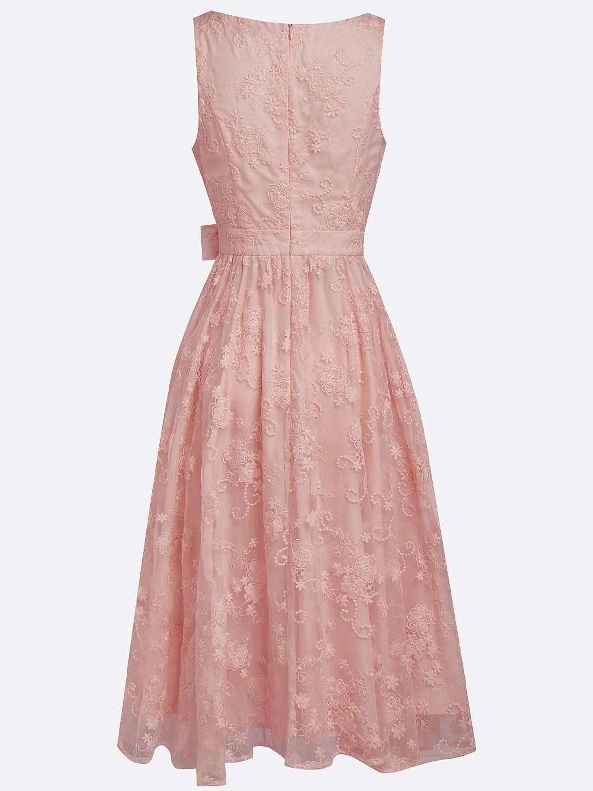 Deep Pink Bow Embroidery Classic V Neck Sleeveless A-Line Midi Dress With Pockets