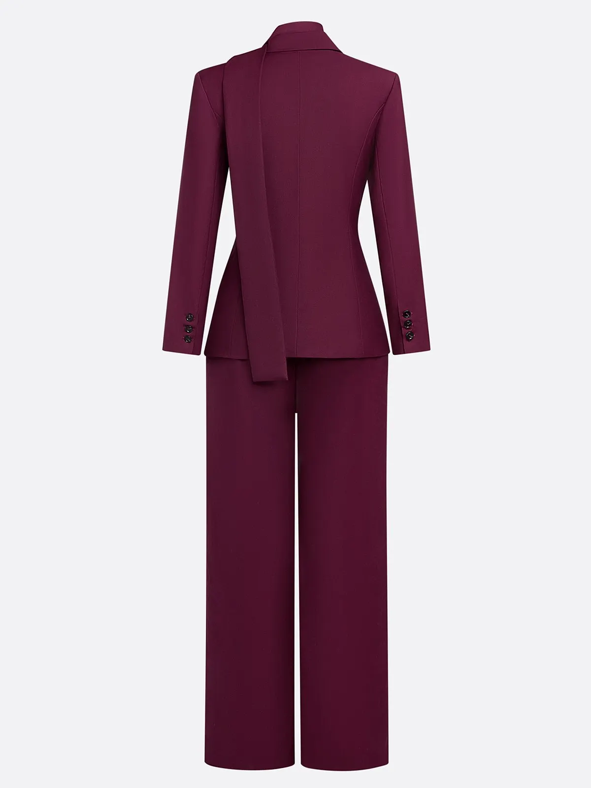 Women Wine Red Buckle Shoulder Pad Lapel Collar Long Sleeve Dressy Blazer With Pants Two-Piece Set