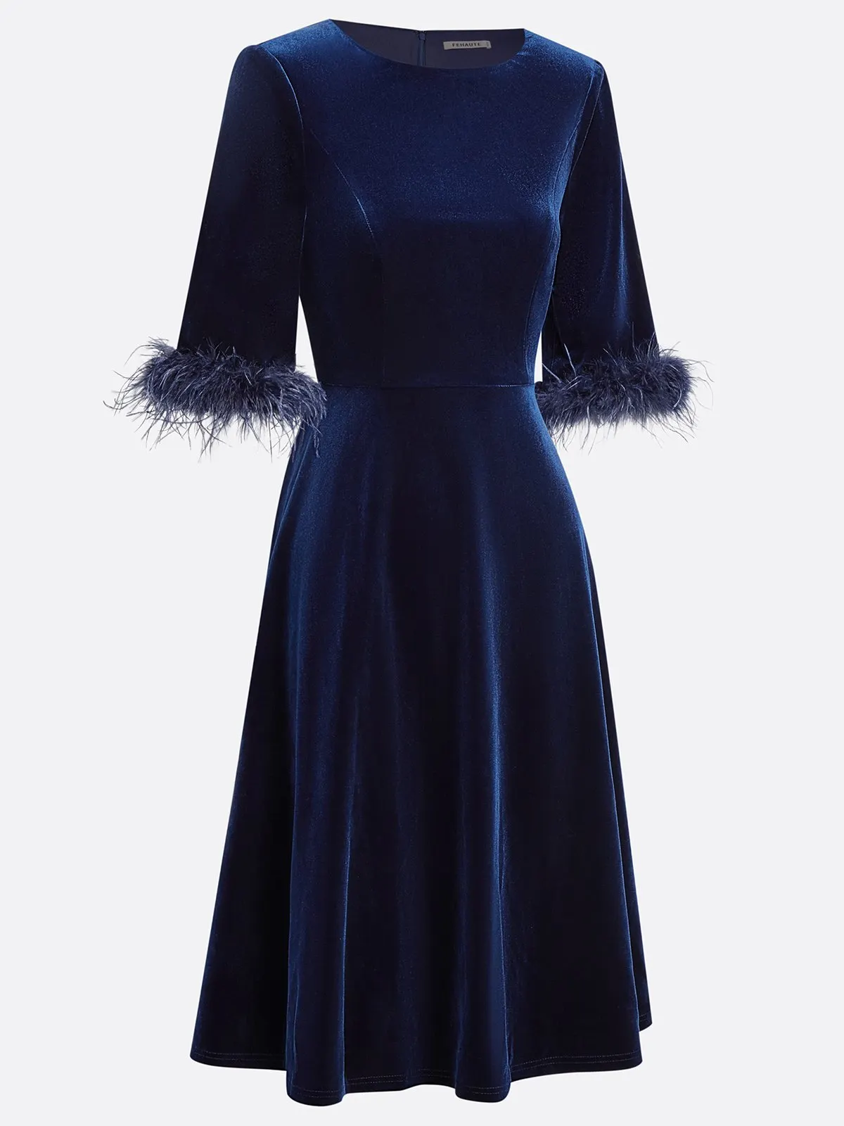 Purplish blue Feather-trimmed Velvet Crew Neck Half Sleeve A-Line Midi Dress