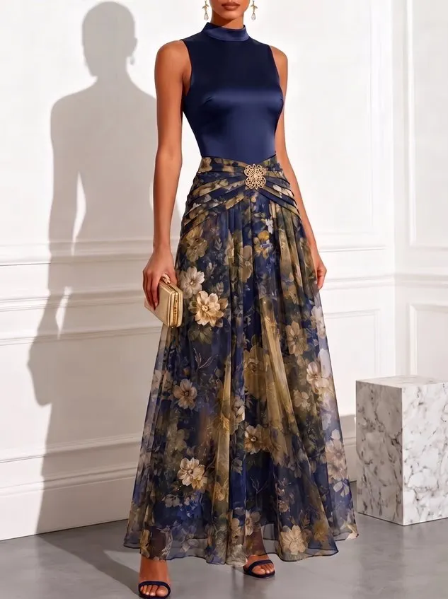 Wine Red Floral Chiffon Mock Neck Sleeveless A-Line Maxi Dress