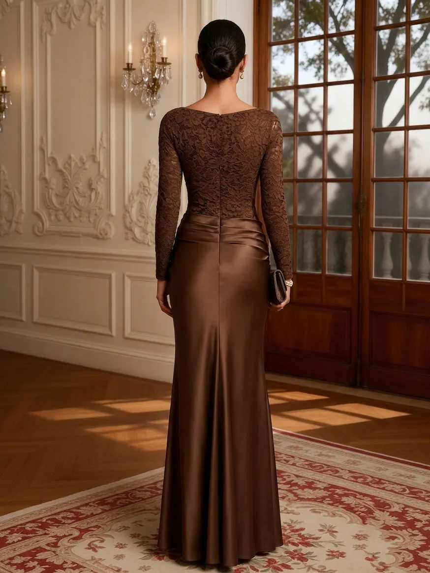 Brown Ruched Satin Boat Neck Long Sleeve Mermaid Floor Length Dress