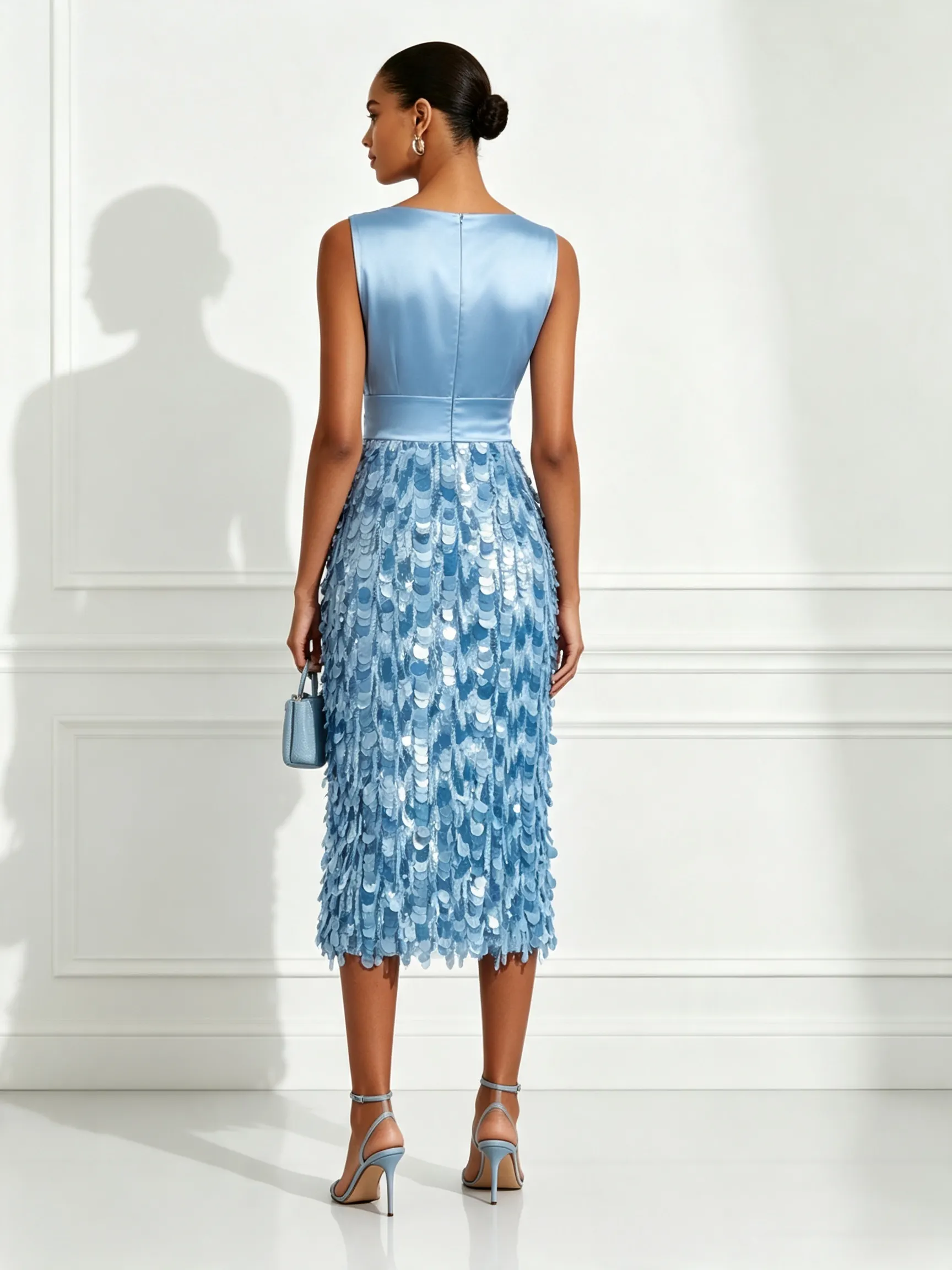 Light Blue Sequin V Neck Sleeveless Sheath Midi Dress