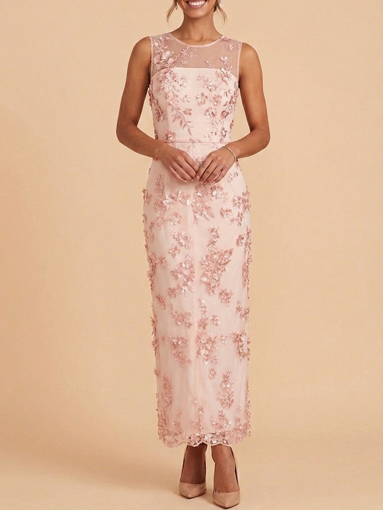Elegant 3D Floral Applique Mother of the Bride Dress - Soft Pink Maxi Gown with Sheer Illusion Neckline