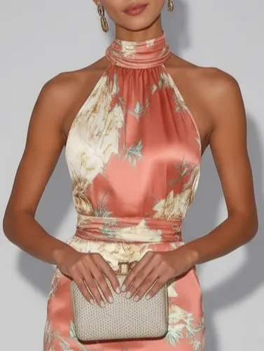 Pink Floral Satin Halter Neck Sleeveless Sheath Midi Dress