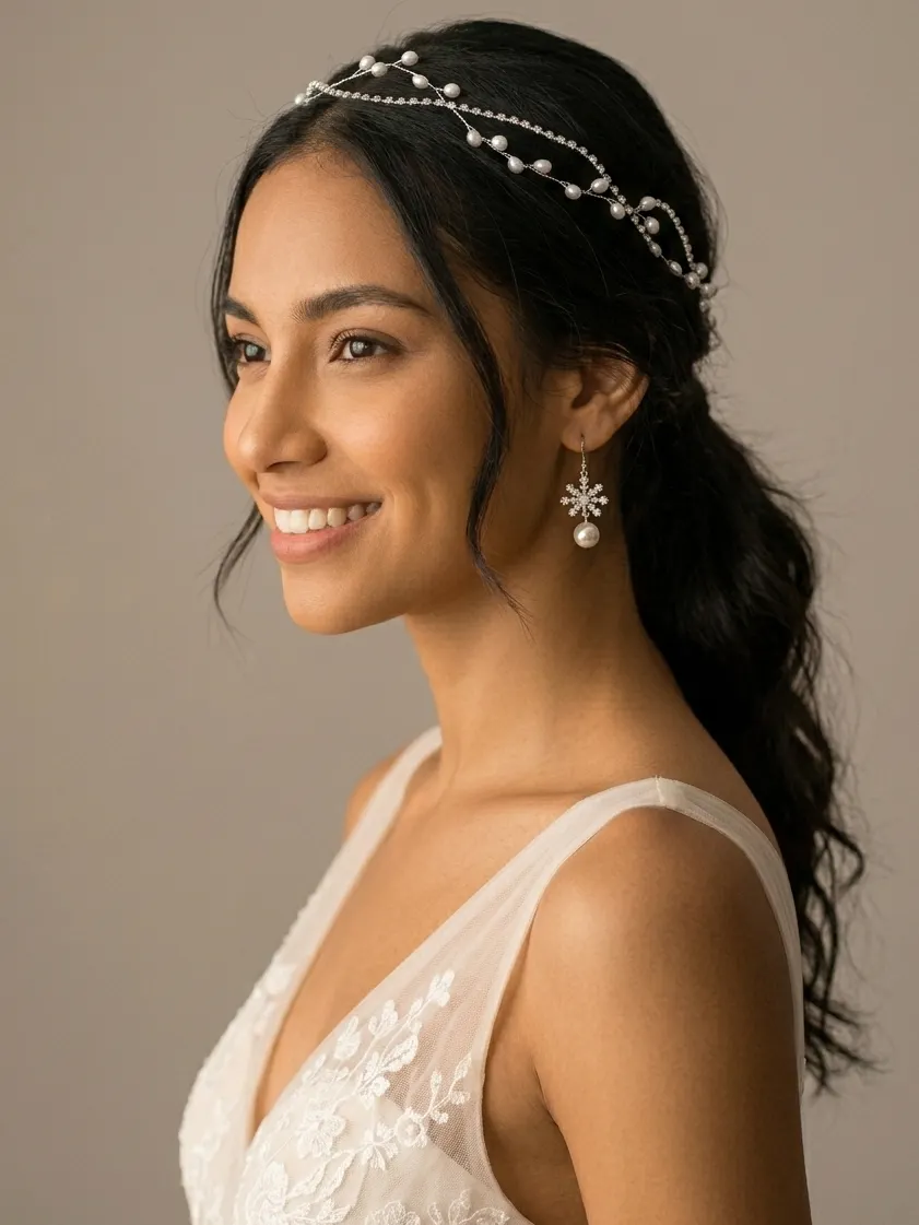 Sparkling Minimalist Electroplated Rhinestone Faux Pearl Chain Wedding Headpiece Headband - Silver