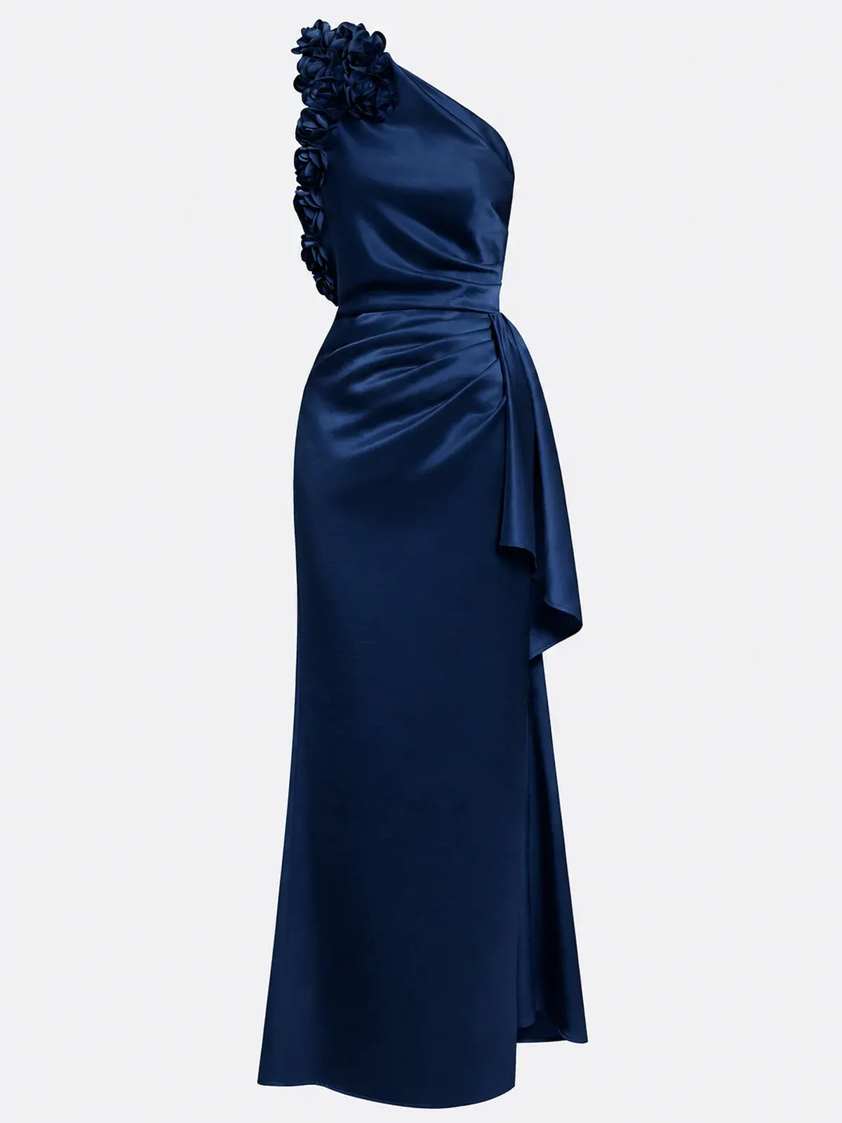 Purplish Blue 3D Floral Ruched Satin One Shoulder Sleeveless Sheath Floor-length Gown Dress