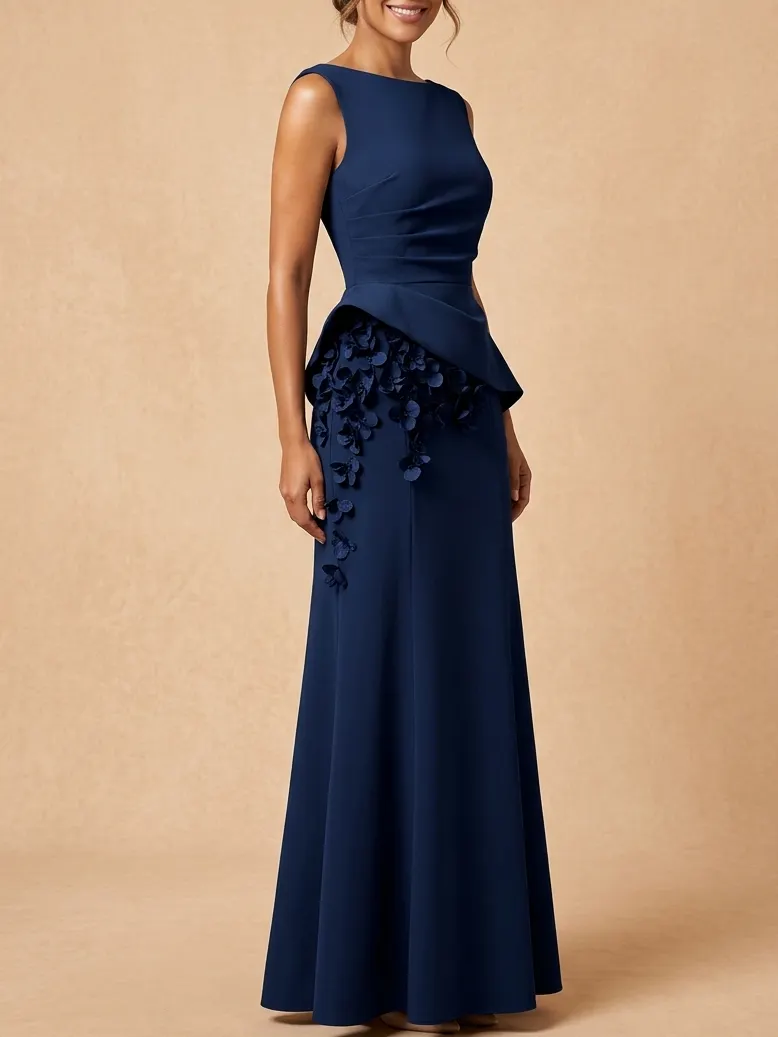 Navy Blue 3D Floral Classic Boat Neck Sleeveless Sheath Gown Dress