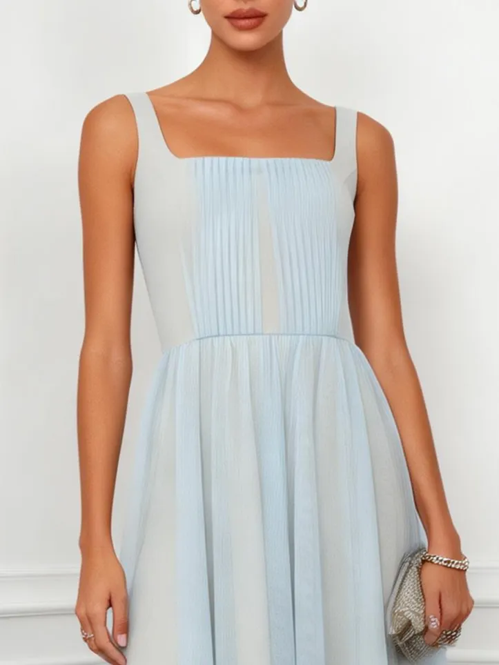 Light Blue Ruched Classic Square Neck Sleeveless A-Line Midi Dress