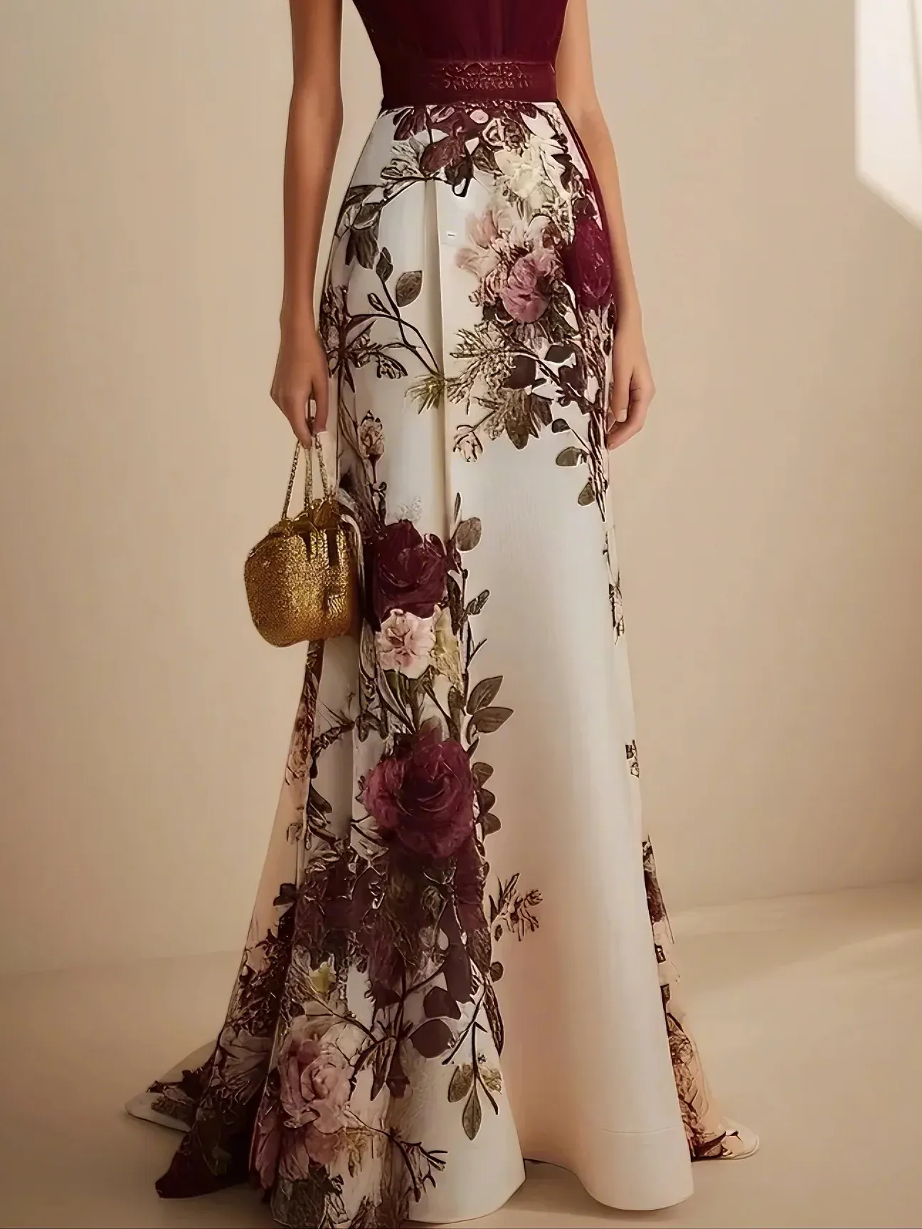 Wine Red Lace Floral Satin V Neck Short Sleeve A-Line Gown Dress