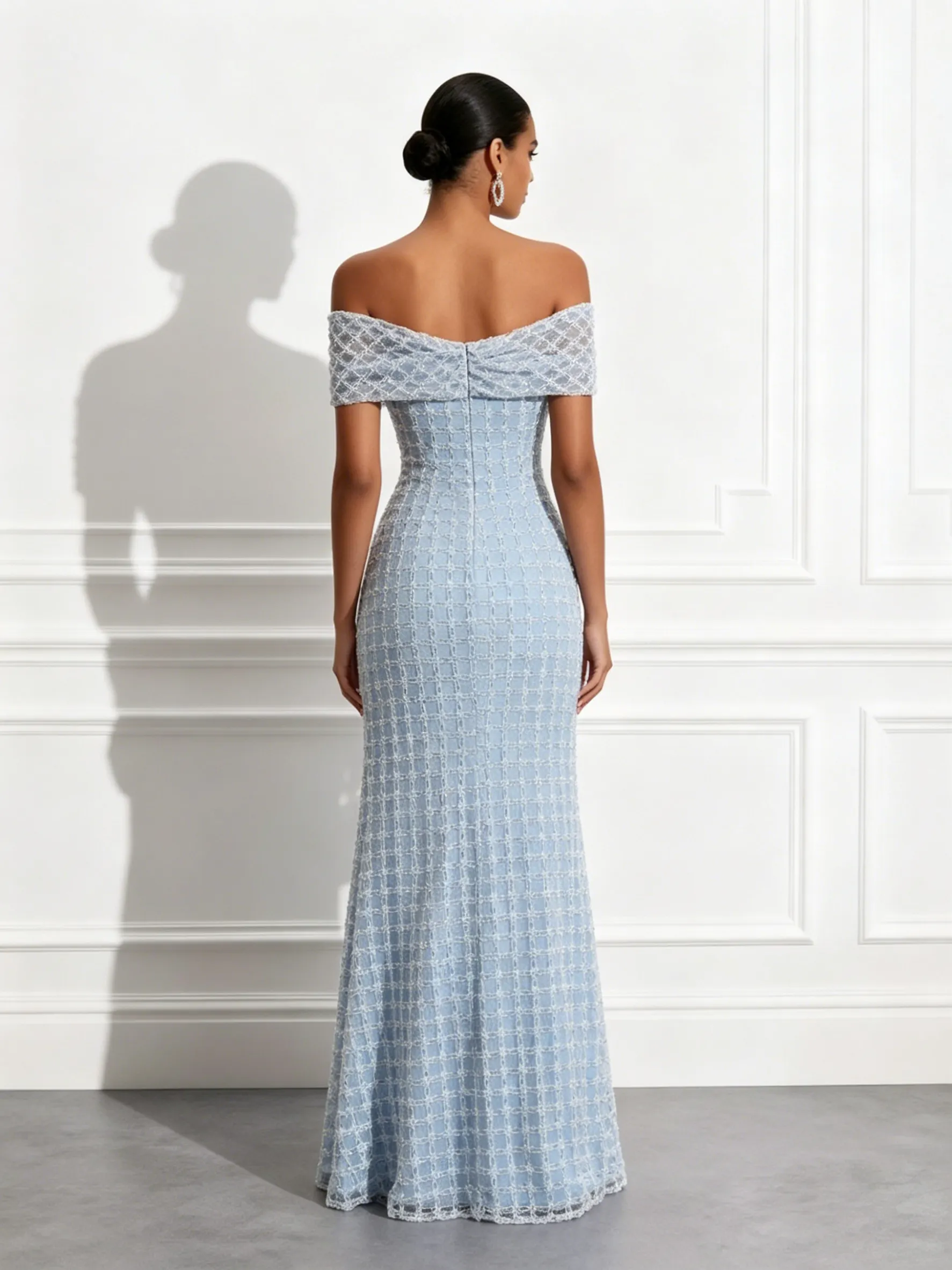 Light Blue Beaded Sequin Off The Shoulder Short Sleeve Mermaid Floor-length Gown Dress