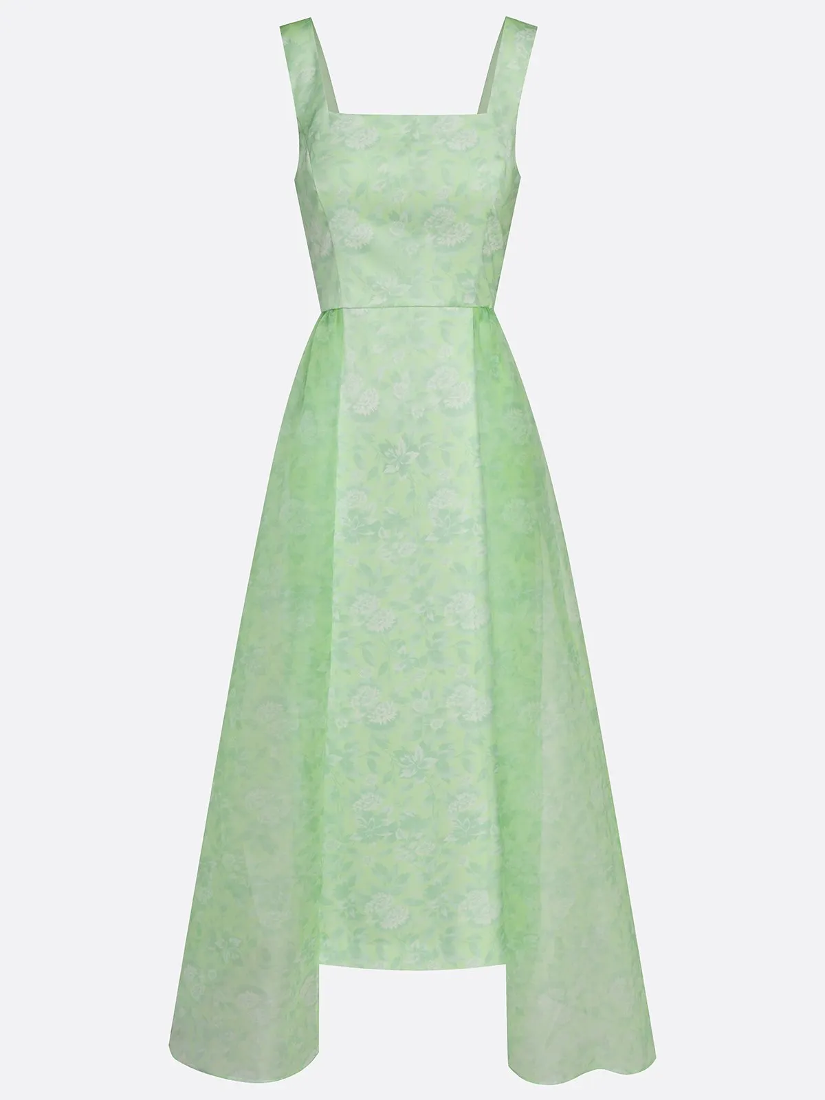 Light Green Floral Split Joint Satin Square Neck Sleeveless A-Line Maxi Dress