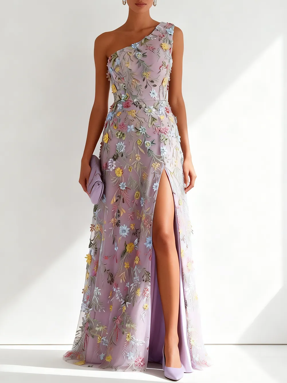 Light Purple Floral Embroidered Classic One Shoulder Sleeveless A-Line Floor-length Gown Dress - Light Purple