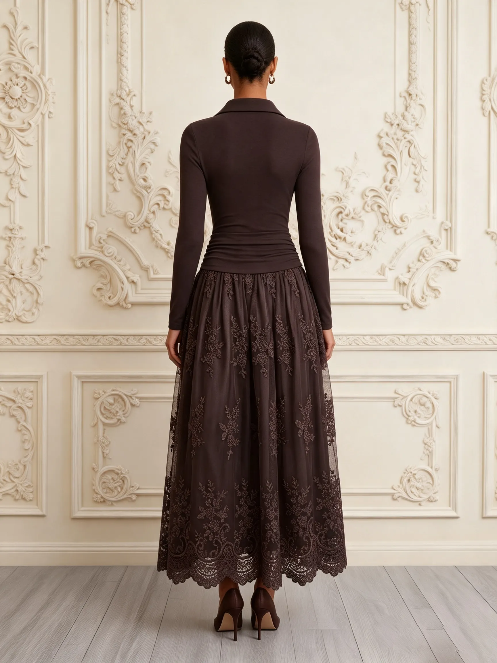 Brown Lace Knit Shirt Collar Long Sleeve A-Line Maxi Dress