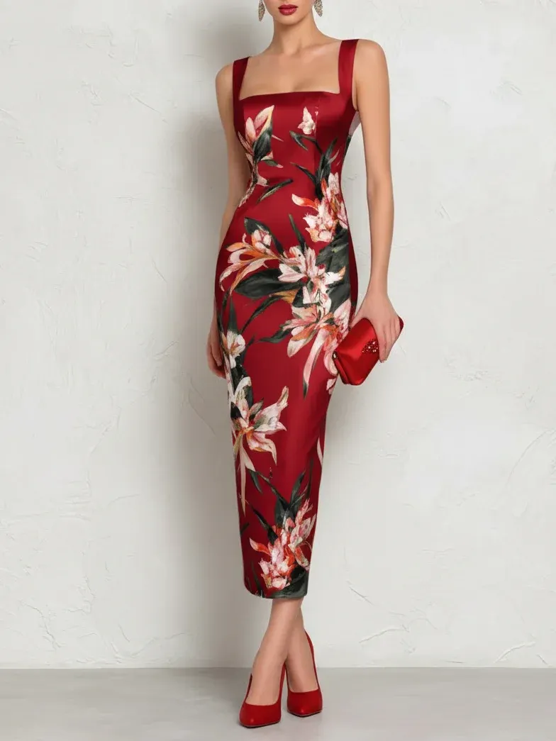 Red Floral Satin Square Neck Sleeveless Sheath Midi Dress - Red