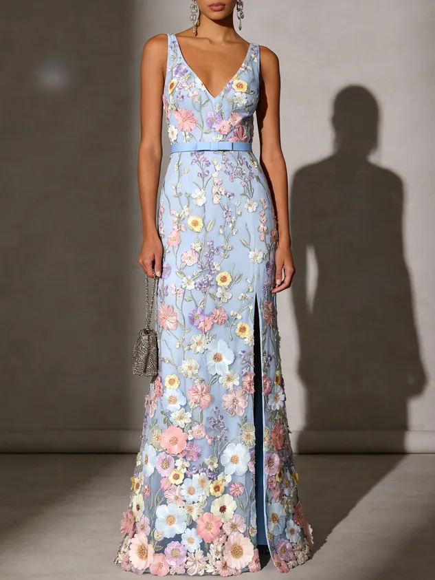 Light Blue Floral Appliqué Embroidered Classic V Neck Sleeveless A-Line Floor-length Gown Dress