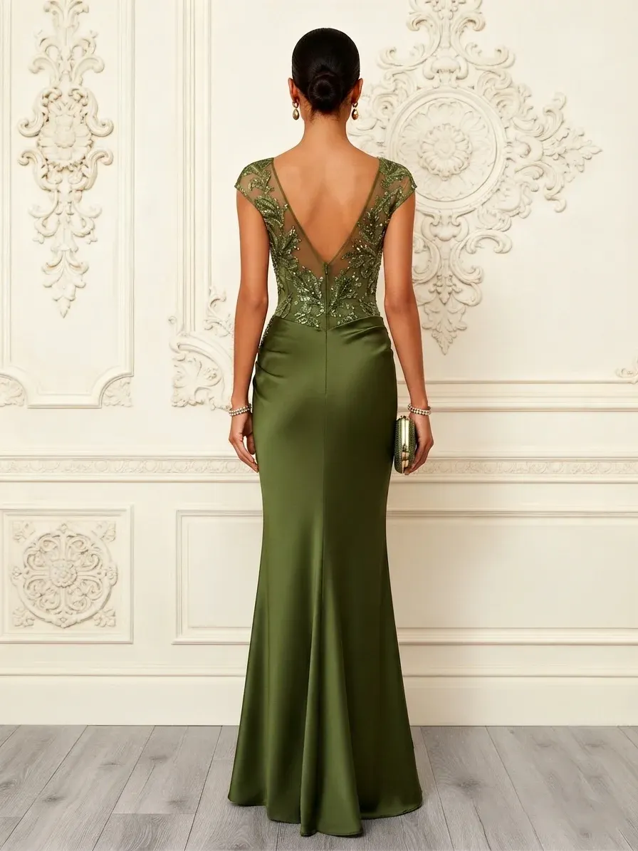Army Green Glitter Sequin Satin Boat Neck Short Sleeve Mermaid Gown Dress