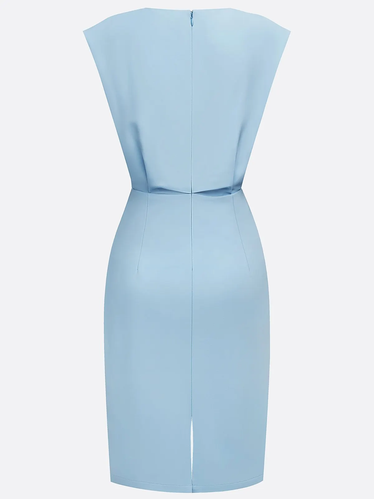 Light Blue Ruched Cut Out Classic Crew Neck Cap Sleeve Sheath Midi Dress
