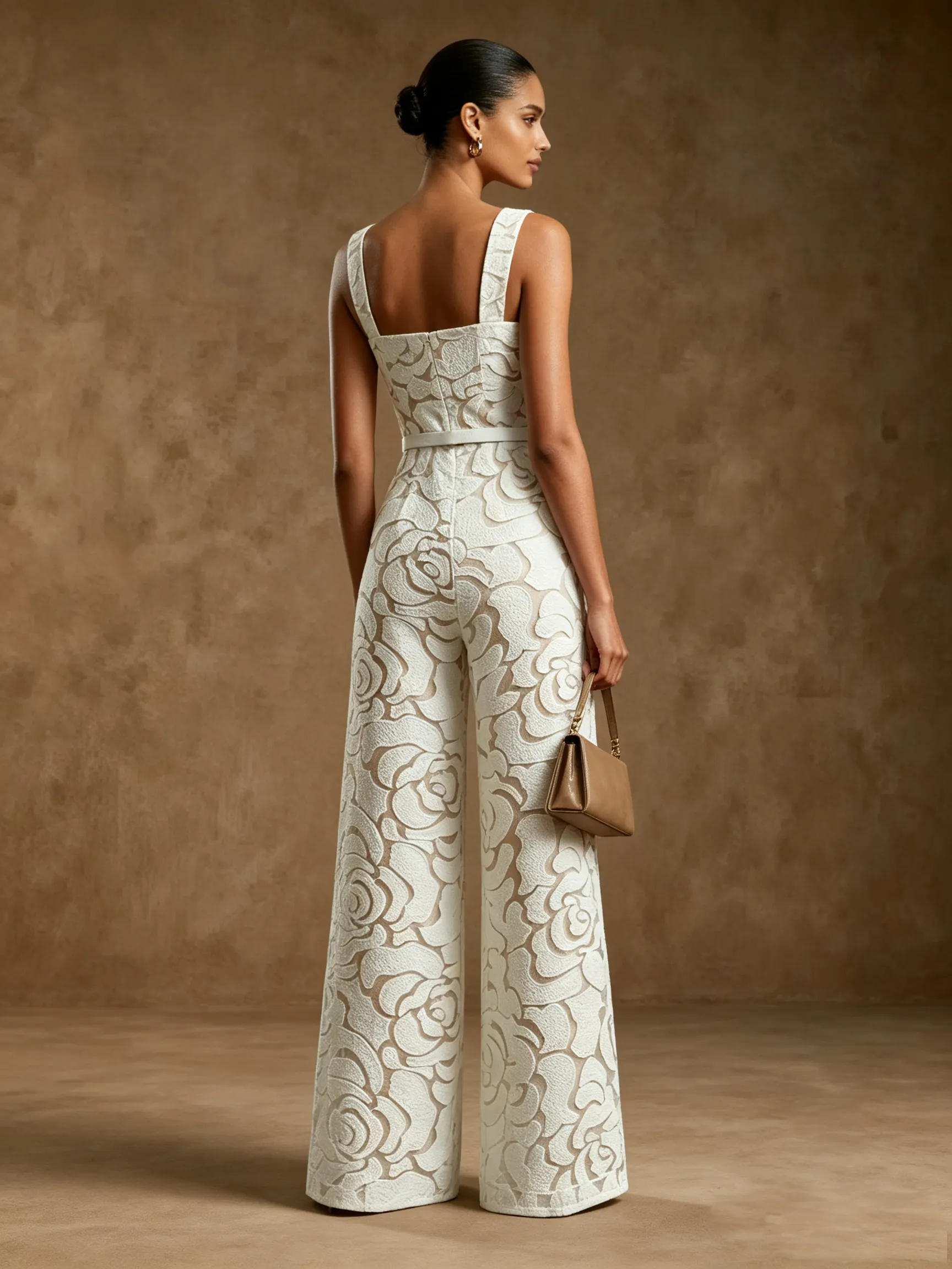 Women White Jacquard Square Neck Sleeveless Elegant Jumpsuit