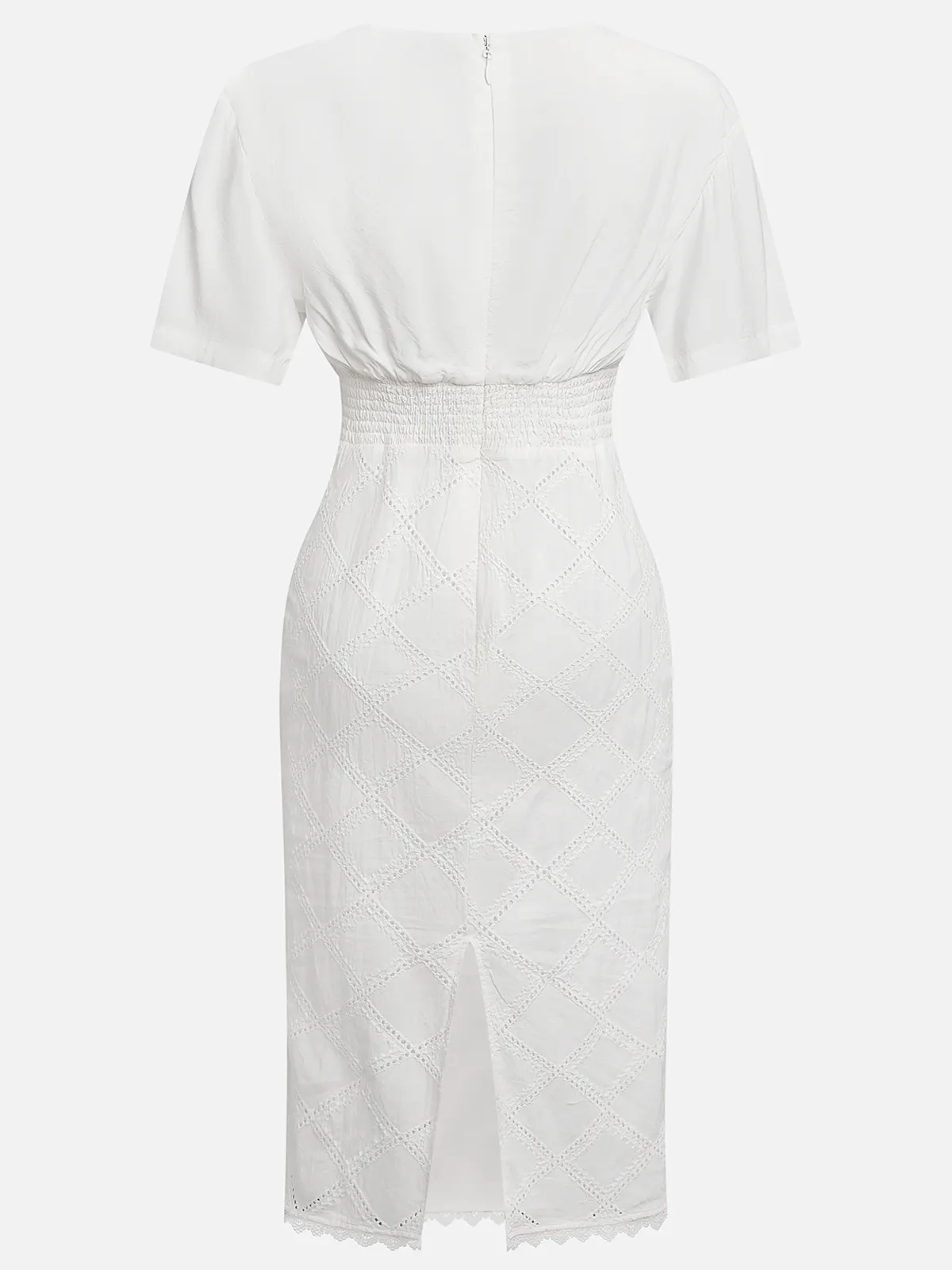White Rayon Hollow Out Plaid Classic V Neck Short Sleeve Sheath Midi Dress