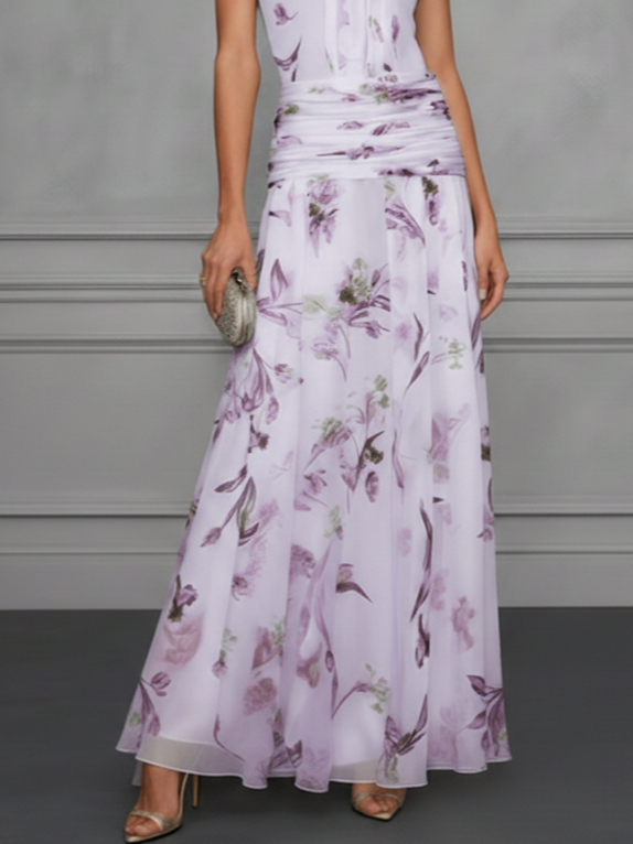 Light Purple Ruched Floral Chiffon Halter Neck Sleeveless A-Line Floor-length Gown Dress - Light Purple