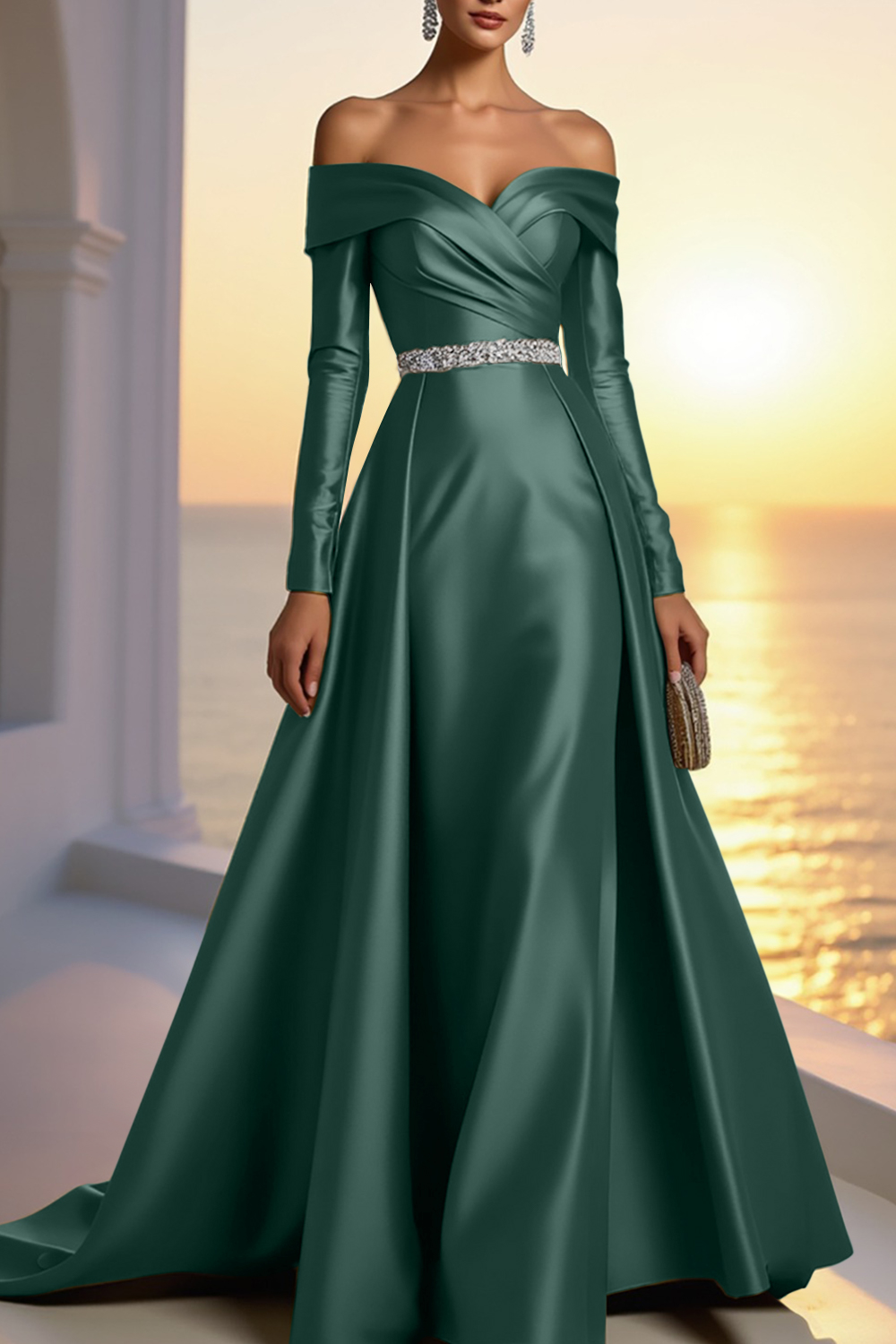 Formal Champagne Satin Dress Off The Shoulder Long Sleeve Maxi Gown