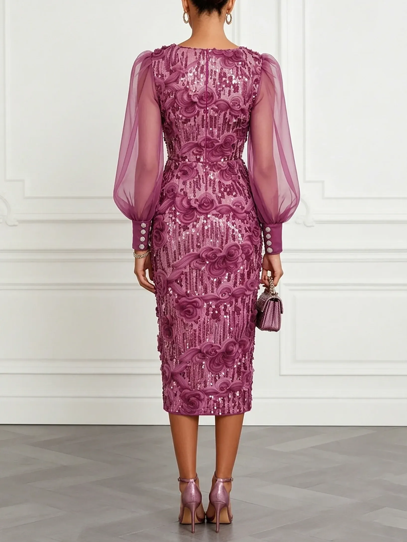 Purple 3D Floral Sequin V Neck Long Sleeve Balloon Sleeve Sheath Midi Dress - Purple