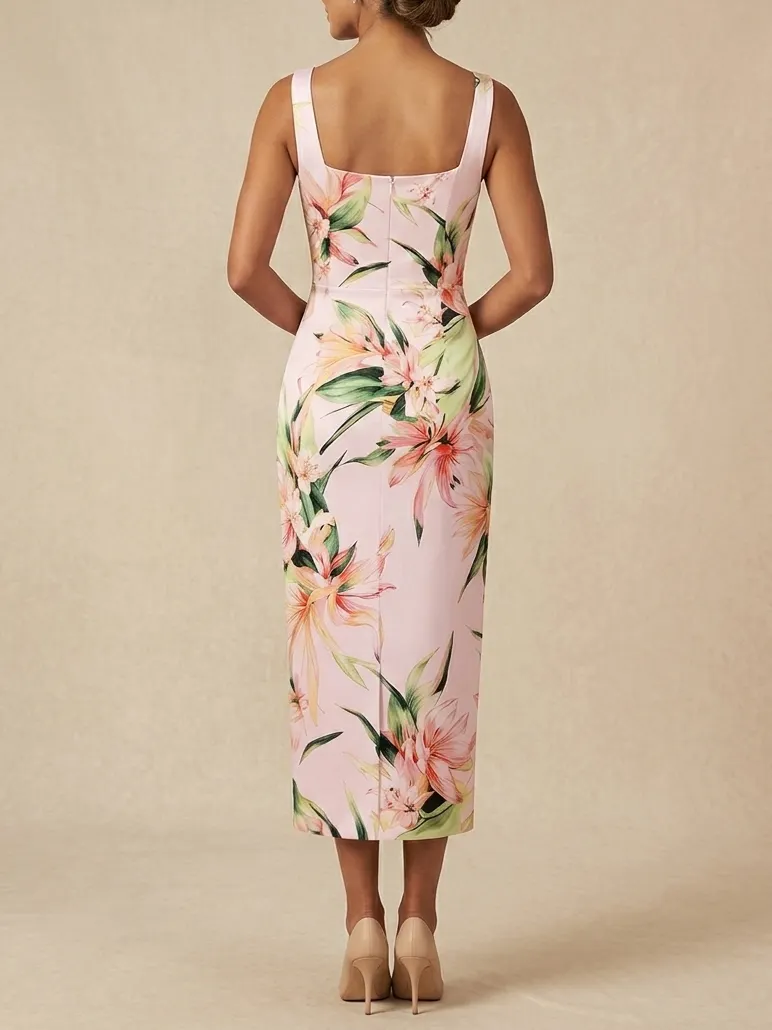 Elegant Floral Print Midi Dress for Mother of the Bride, Sleeveless Square Neck Formal Wedding Guest Dress in Blush Pink - Pink