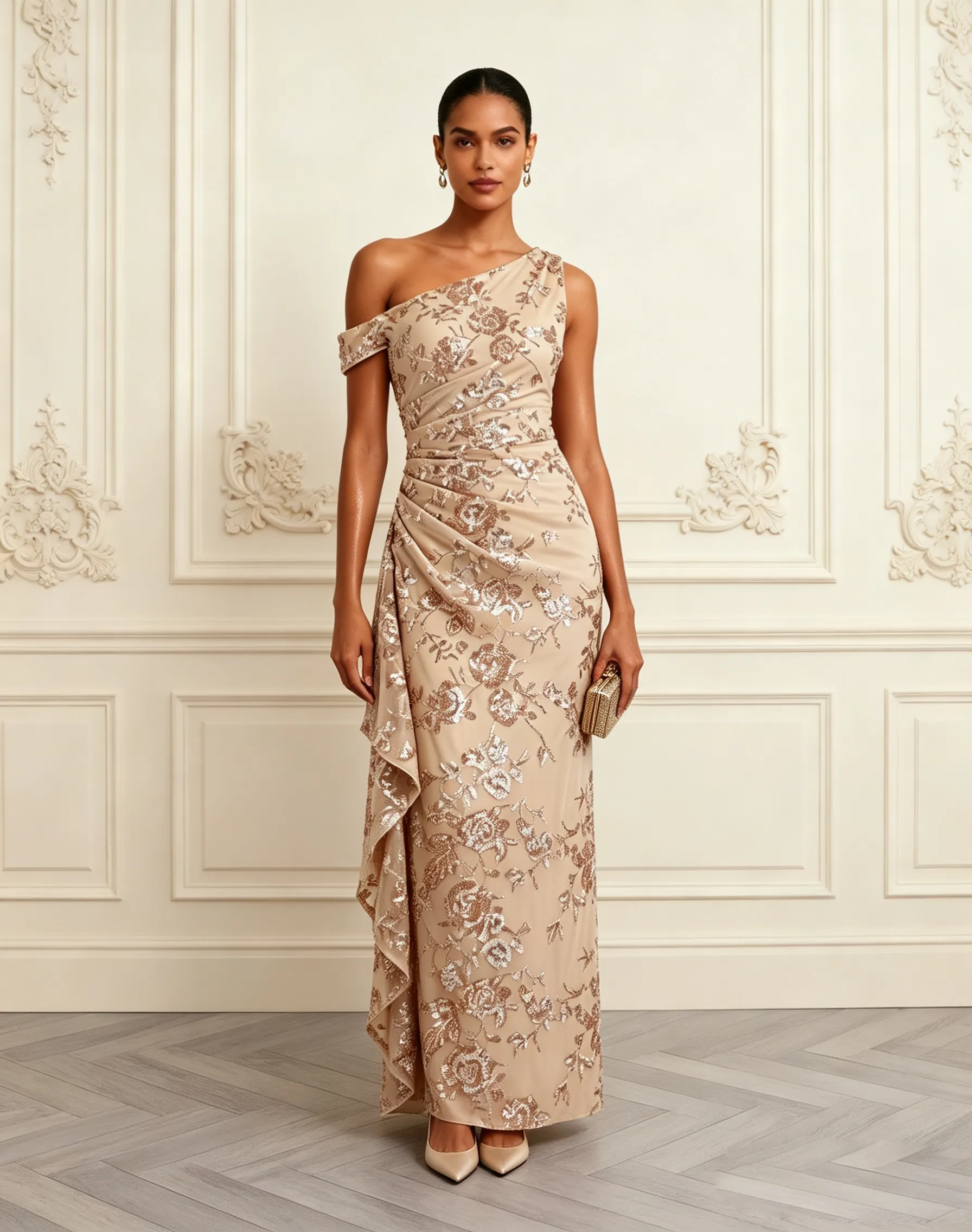 Champagne Ruffled Sequin Asymmetrical Collar Short Sleeve Mermaid Gown Dress
