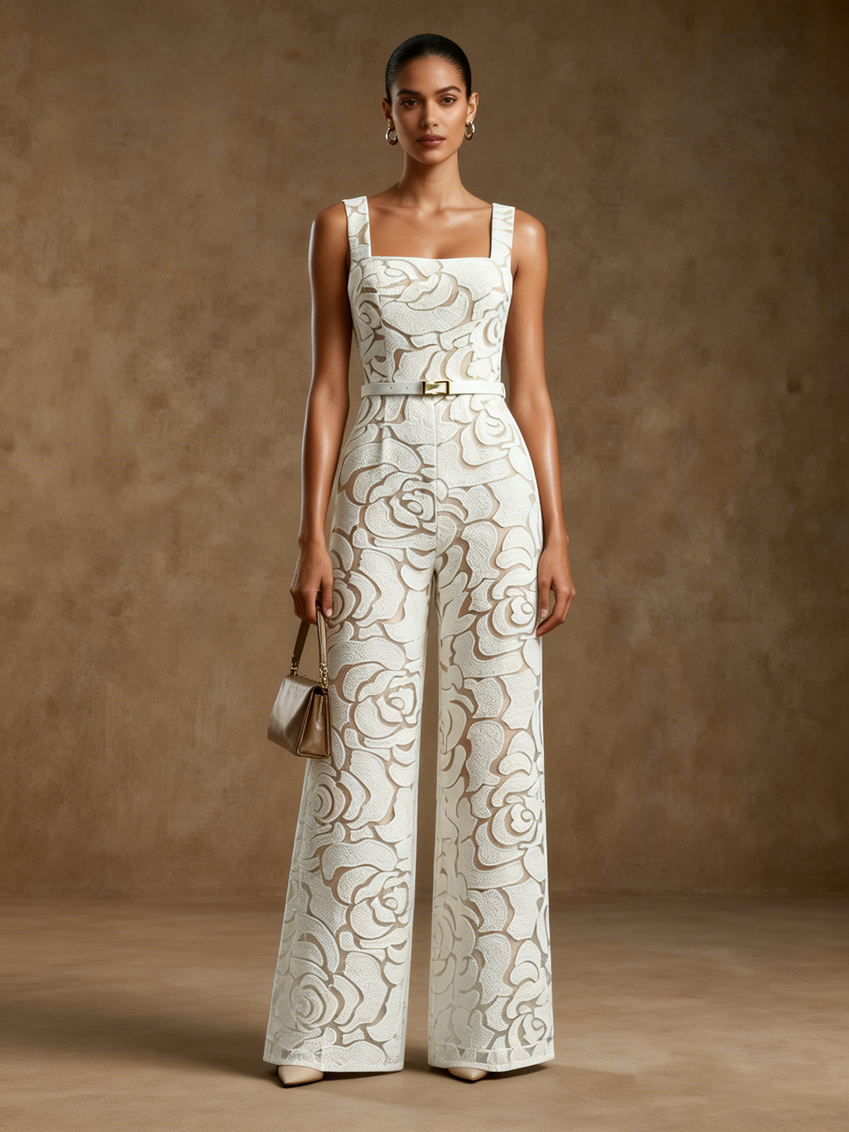 Women White Jacquard Square Neck Sleeveless Elegant Jumpsuit