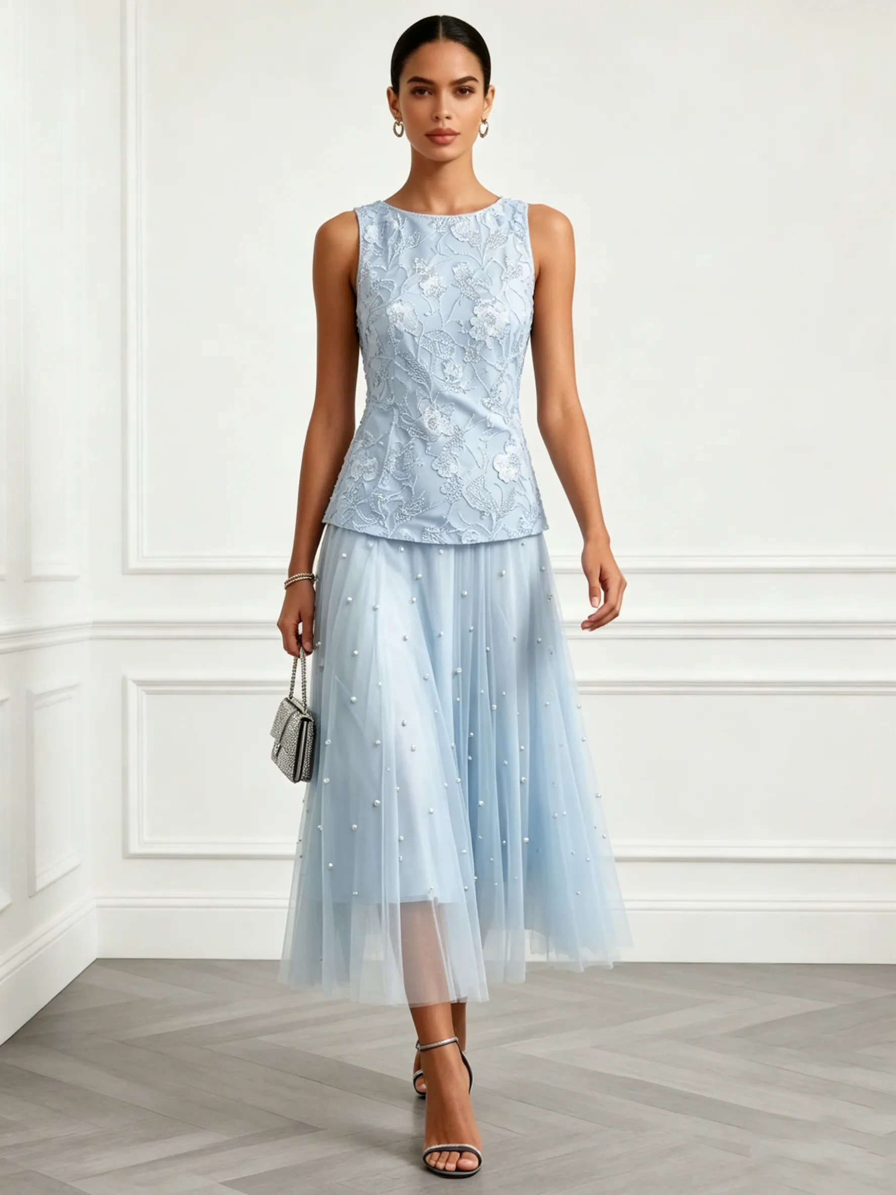 Light Blue Lace Pearl Jacquard Lace Boat Neck Sleeveless A-Line Maxi Dress
