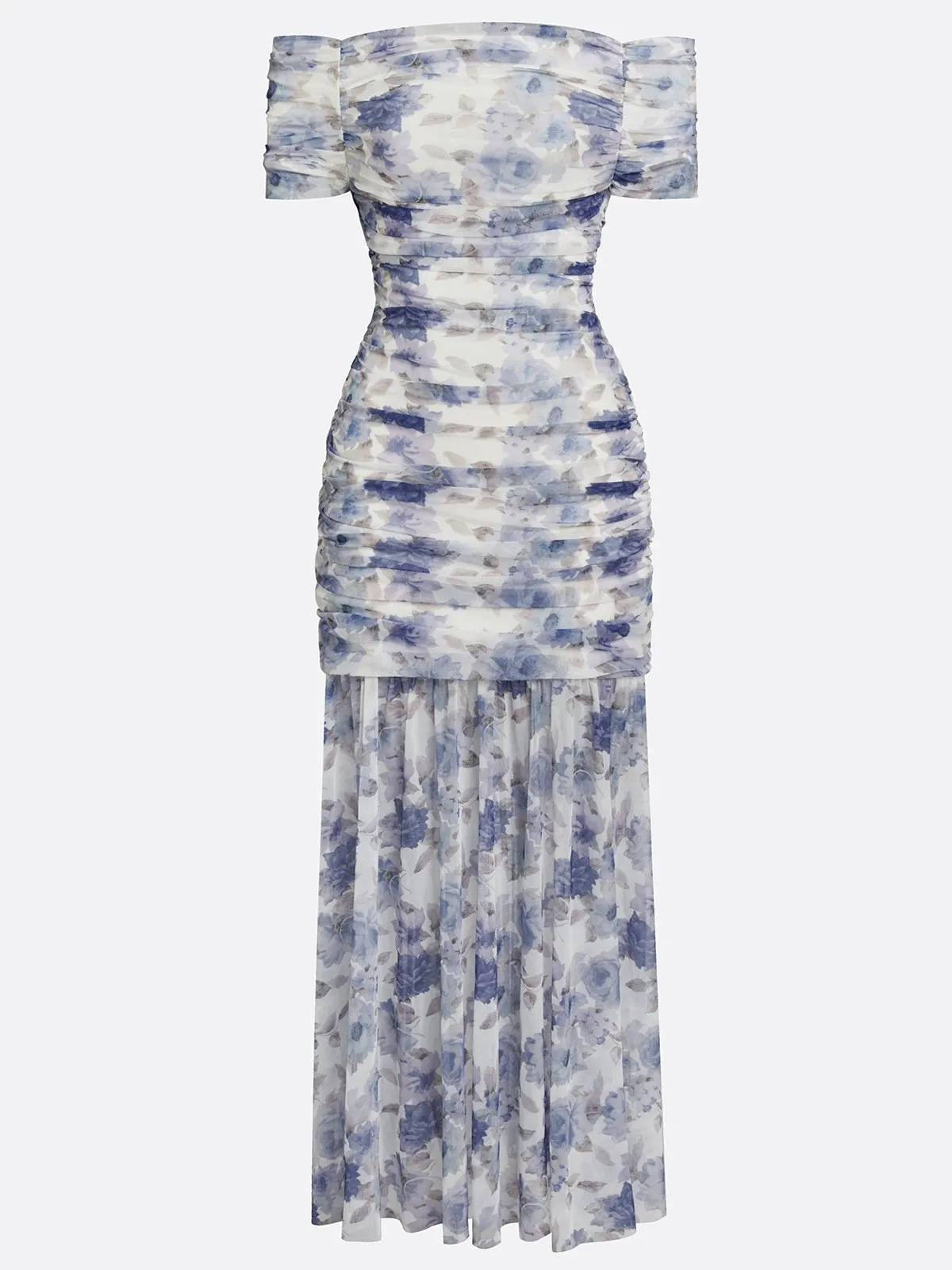 Blue Floral Gathered Tulle Off The Shoulder Short Sleeve Mermaid Floor-length Gown Dress