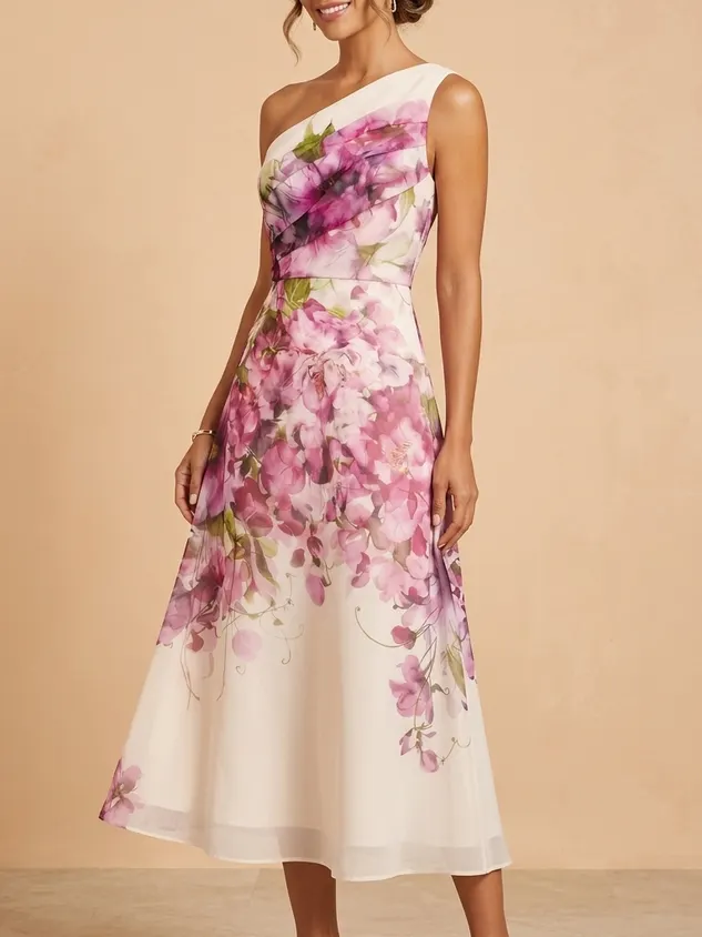 One-Shoulder Floral Midi Mother of the Bride Dress