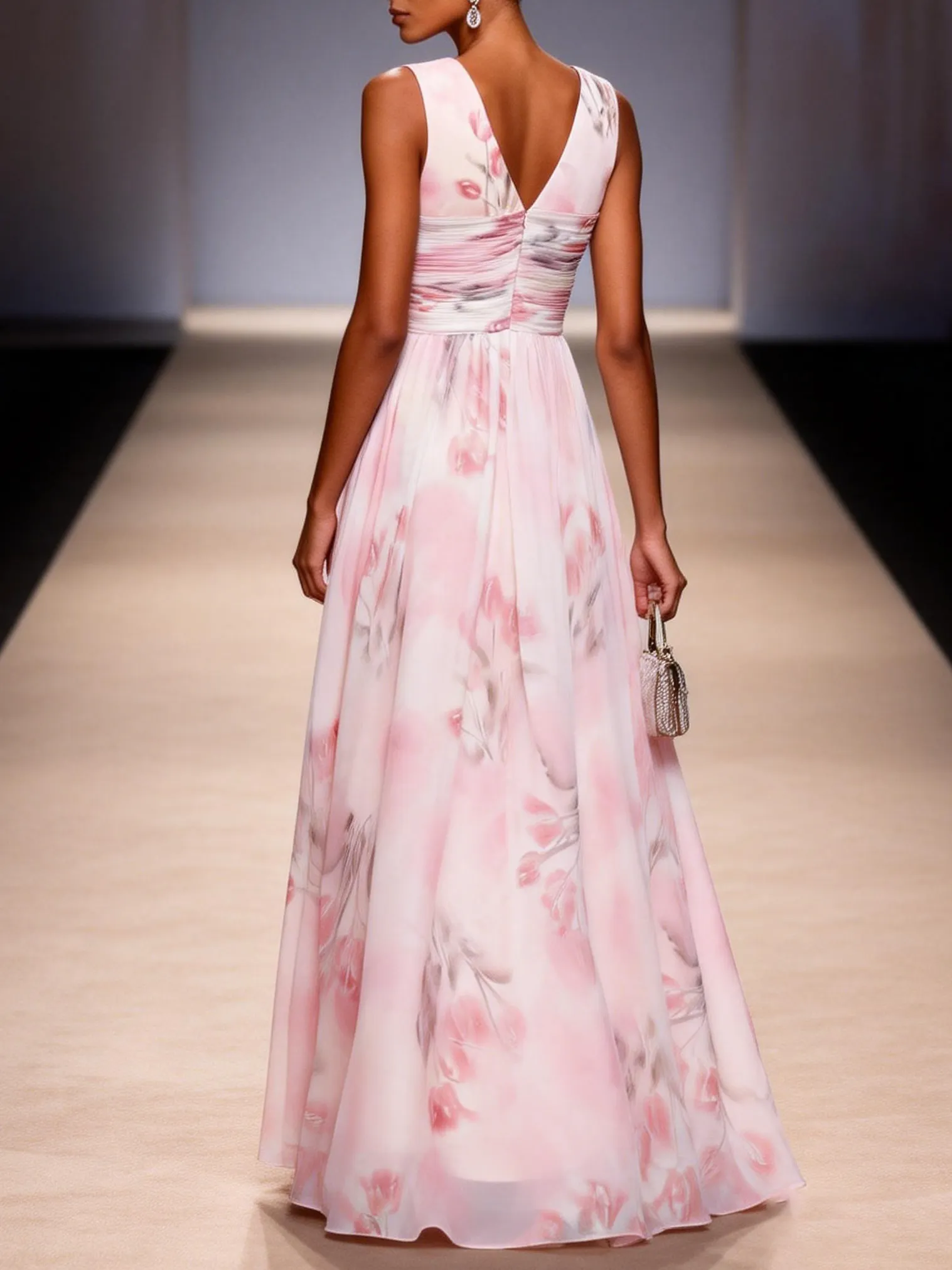 Light Pink Floral Ruched Chiffon V Neck Sleeveless A-Line Floor-length Gown Dress