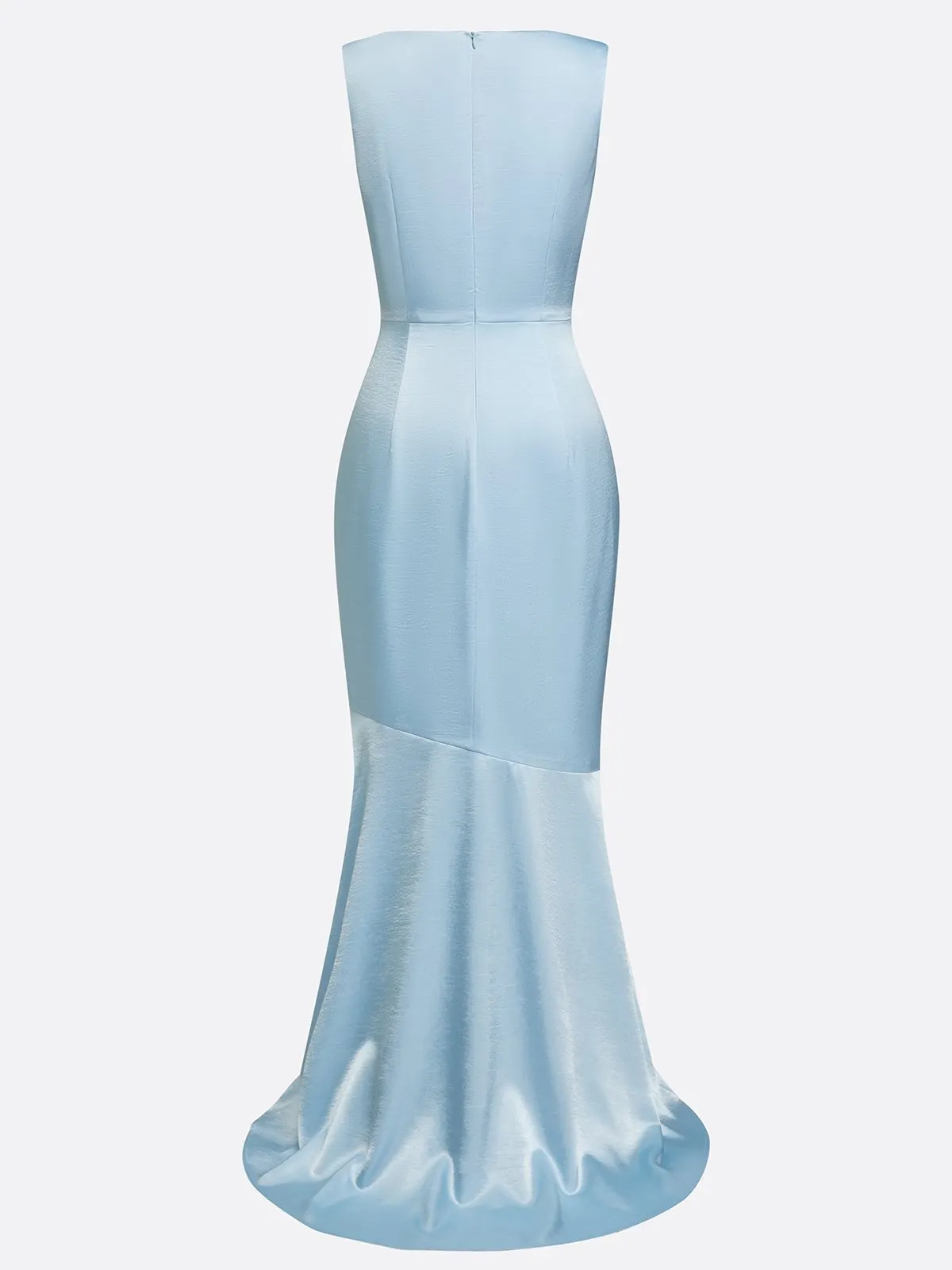 Light Blue Ruched Satin Cowl Neck Sleeveless Mermaid Gown Dress