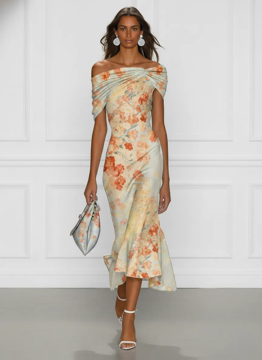 Light Green Floral Classic Off The Shoulder Short Sleeve Mermaid Midi Dress