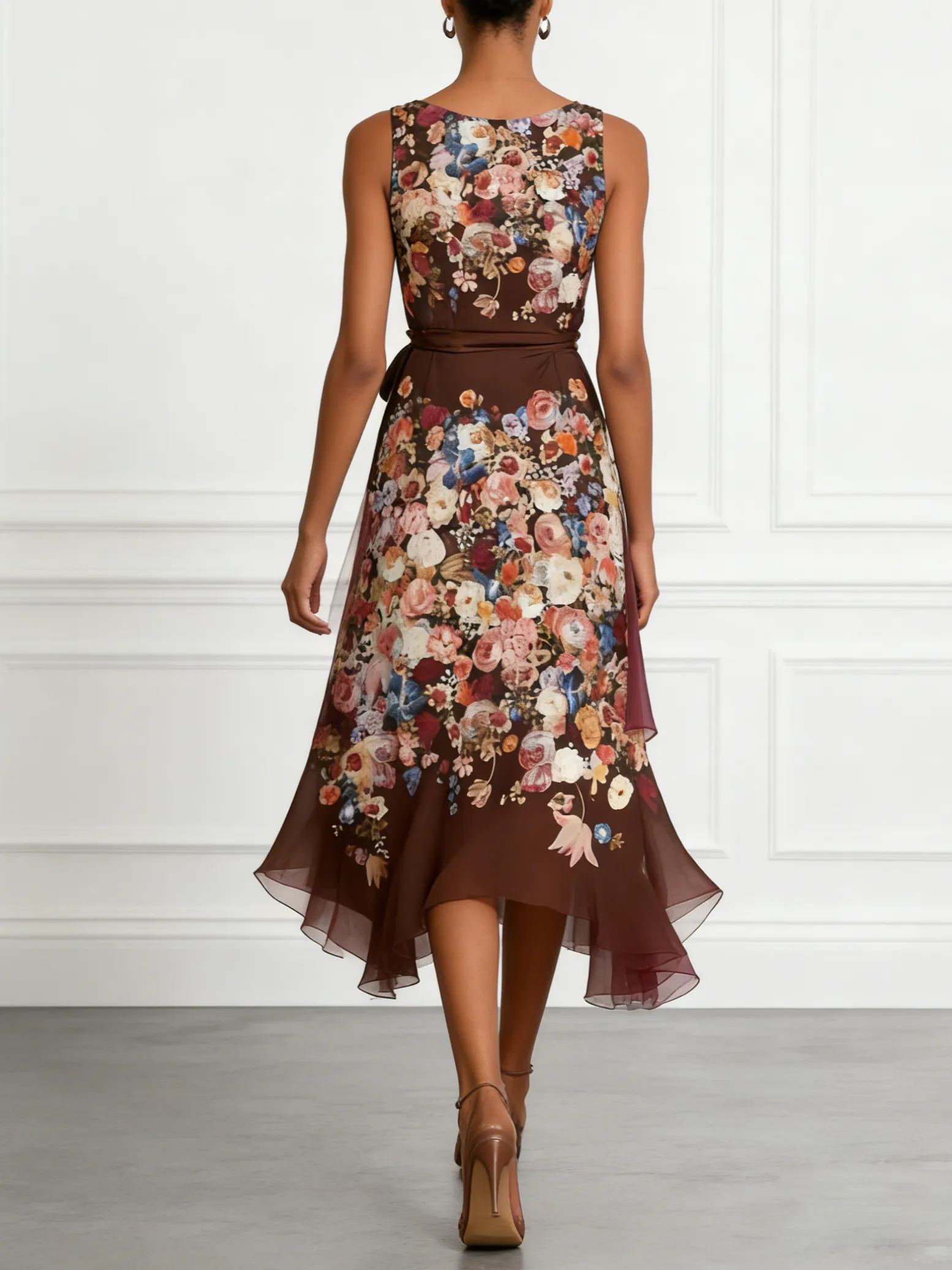 Red Brown Floral Chiffon Crew Neck Sleeveless A-Line Midi Dress
