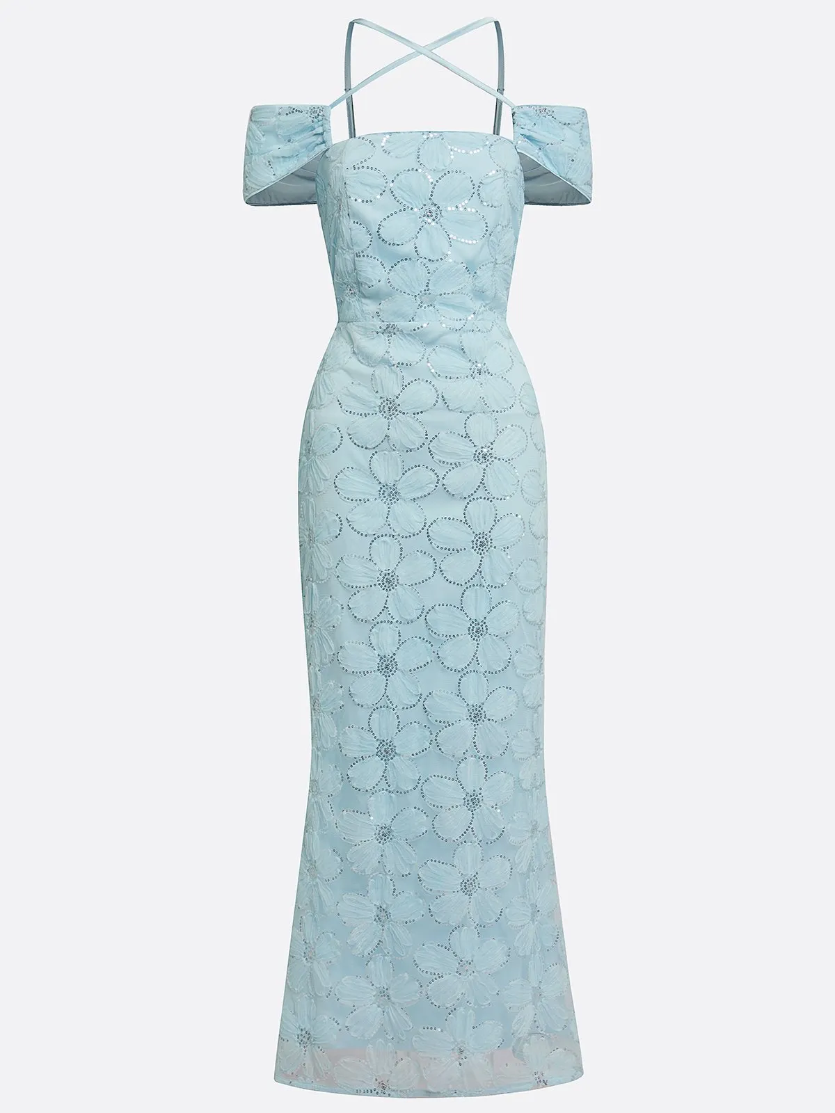 Light Blue Jacquard Sequin Glitter Classic Off The Shoulder Short Sleeve Mermaid Floor-length Gown Dress