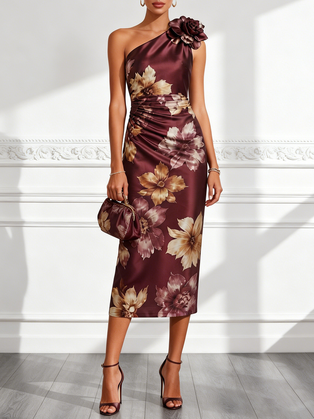 Burgundy 3D Floral Satin One Shoulder Sleeveless Sheath Midi Dress
