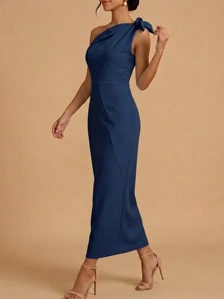 Navy Blue One-Shoulder Maxi Bridesmaid Dress - Elegant Bow Detail Formal Gown for Wedding Guest