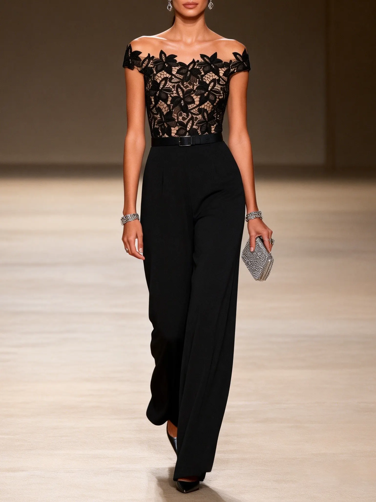 Women Black Lace Off The Shoulder Short Sleeve Dressy Jumpsuit - Black