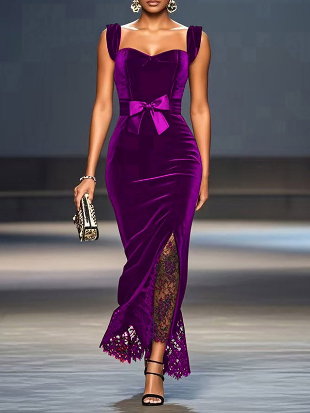 Black Lace Bow Sleeveless Mermaid Maxi Velvet Dress