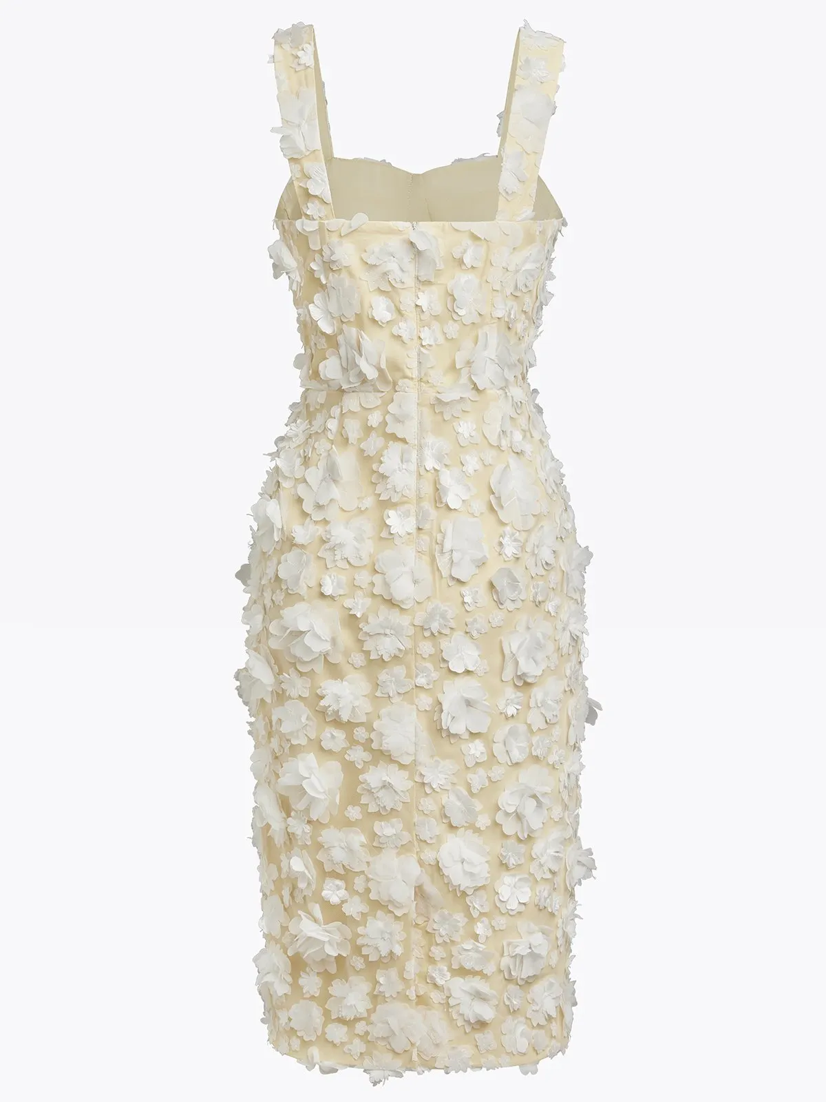 White 3D Floral Appliqué Classic Square Neck Sleeveless Sheath Midi Dress