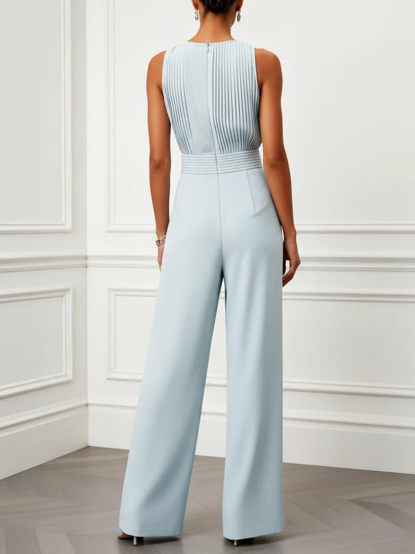Women Light Blue Pleated Boat Neck Sleeveless Dressy Jumpsuit