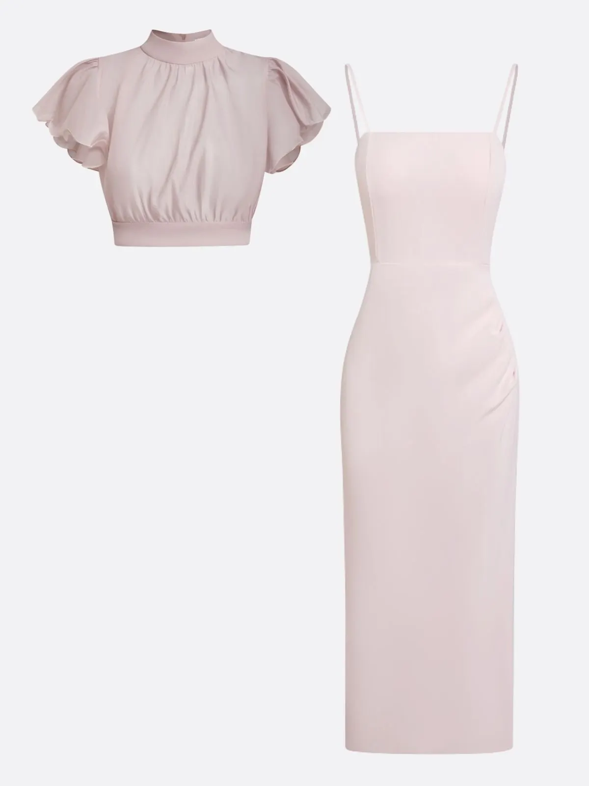 Women Pink Mock Neck Short Sleeve Dressy Dress With Top Two-Piece Set