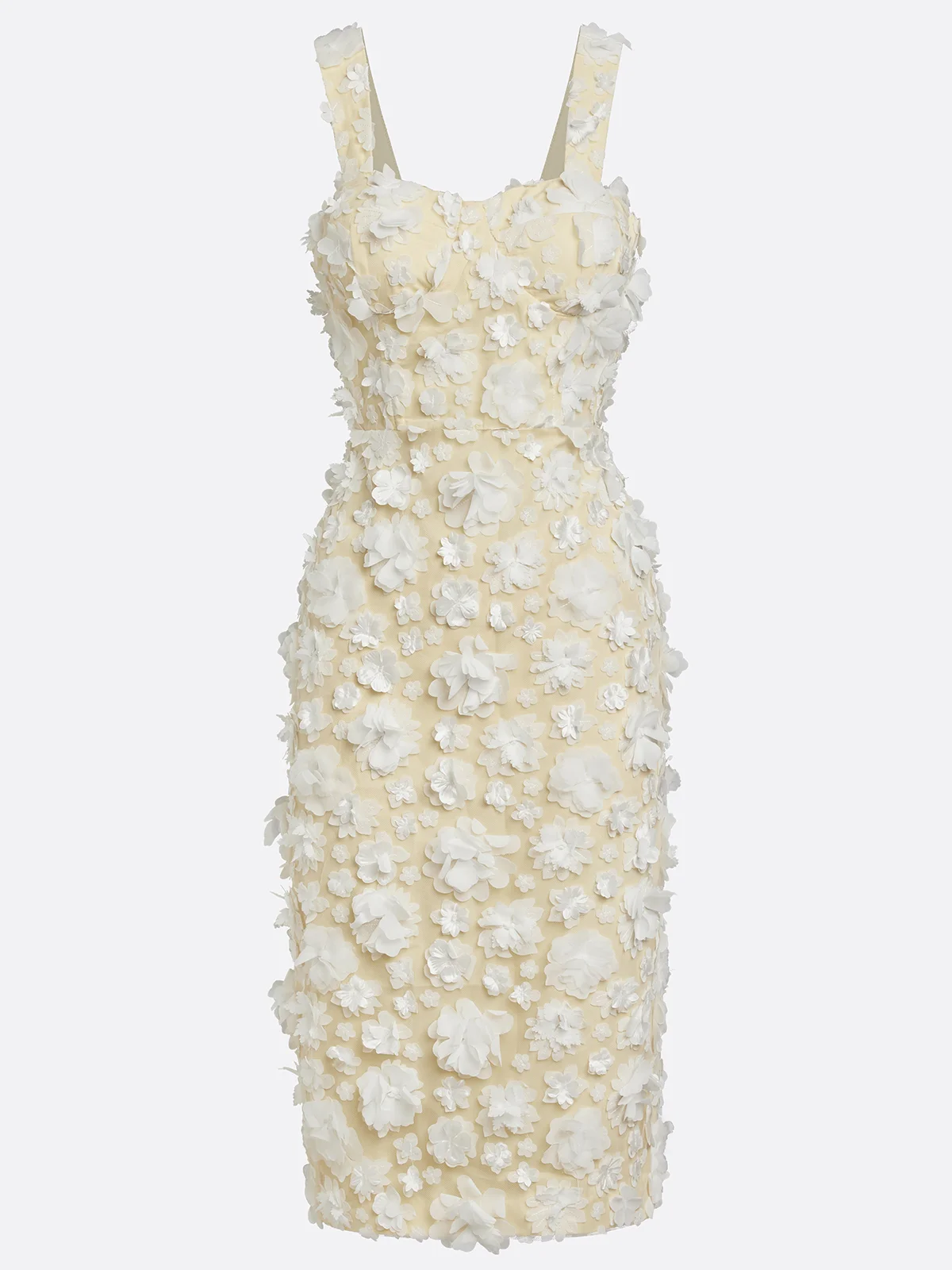 White 3D Floral Appliqué Classic Square Neck Sleeveless Sheath Midi Dress