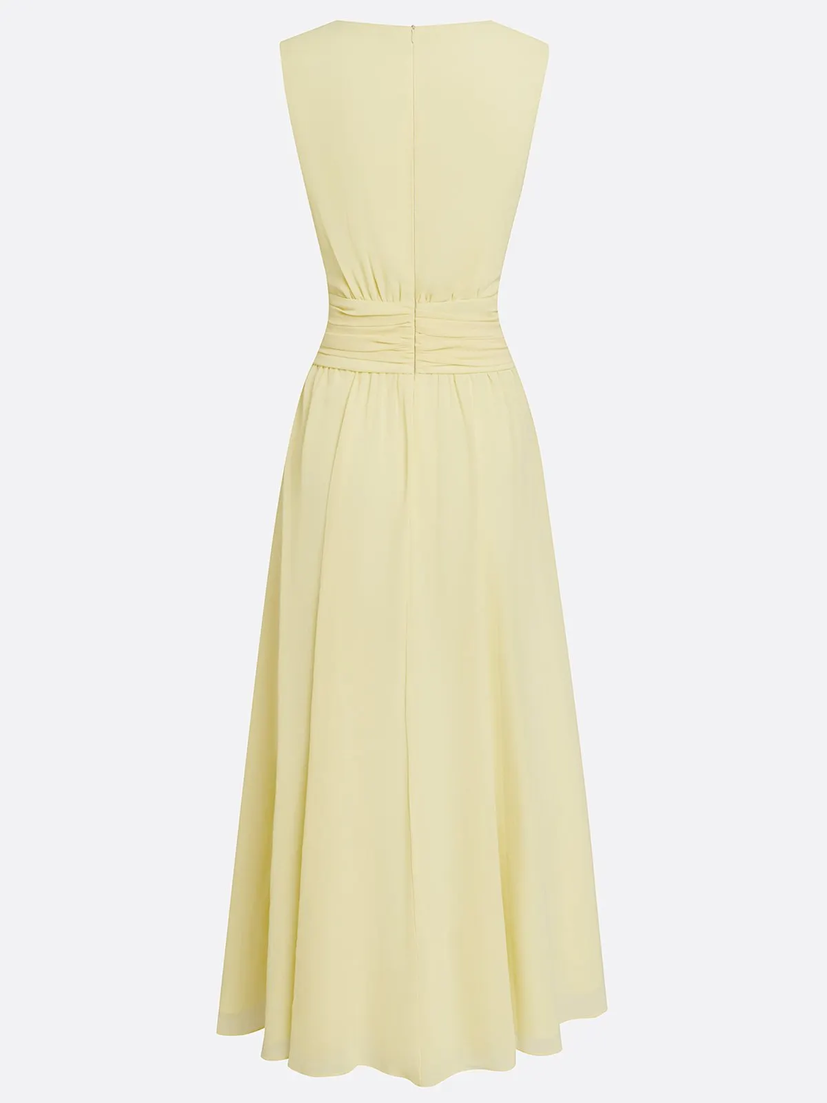 Yellow Ruched Chiffon Crew Neck Sleeveless A-Line Maxi Dress