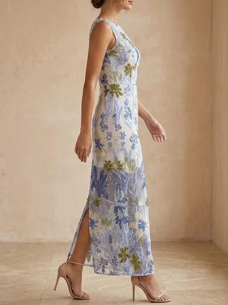 Embroidered Floral Sequin Mother of the Bride Maxi Dress